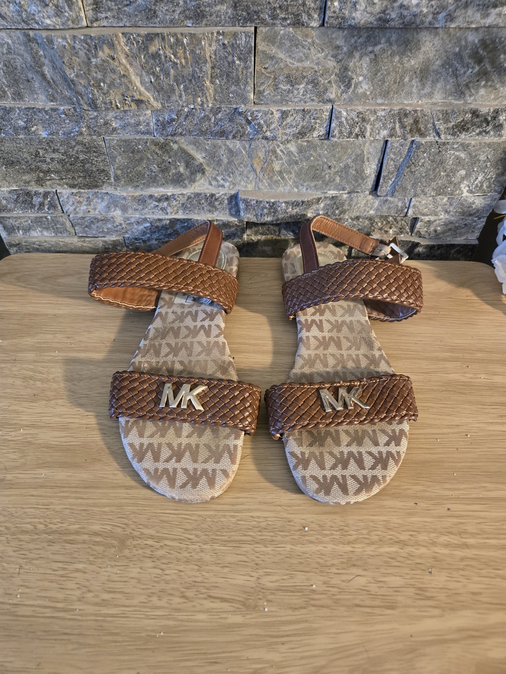 Michael Kors Tan Braided Logo Strap Sandals